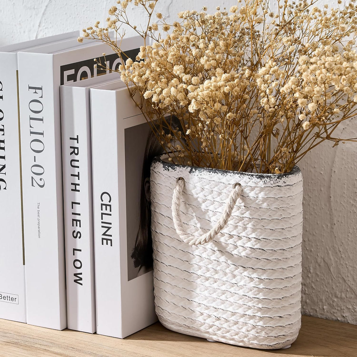 Vaseking Elegant White Petite Vase, 6.6 inch Ceramic Modern Minimalism Basket Vase with Hanging Rope, Creative Tote Bag Vases for Home Decor, Living Room, Wedding, Bookshelf Decor