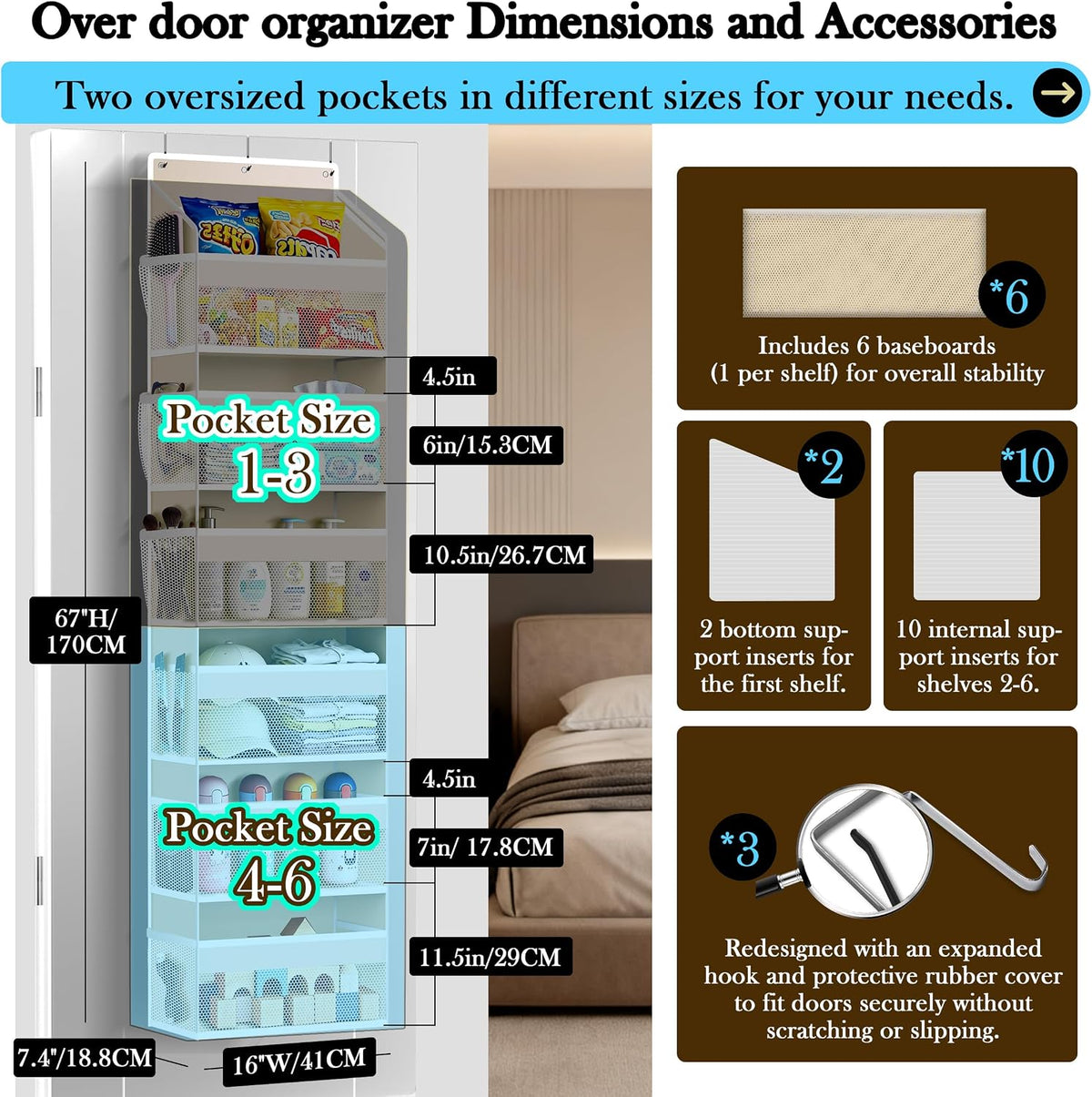PAULONE 1 Pack Heavy Duty Over the Door Organizer, 6 Large + 12 Mesh Pockets with 89 lbs Capacity, Space-Saving Hanging Storage for Shoes, Toys, Bedroom & Closet (6-Layer Off-White)