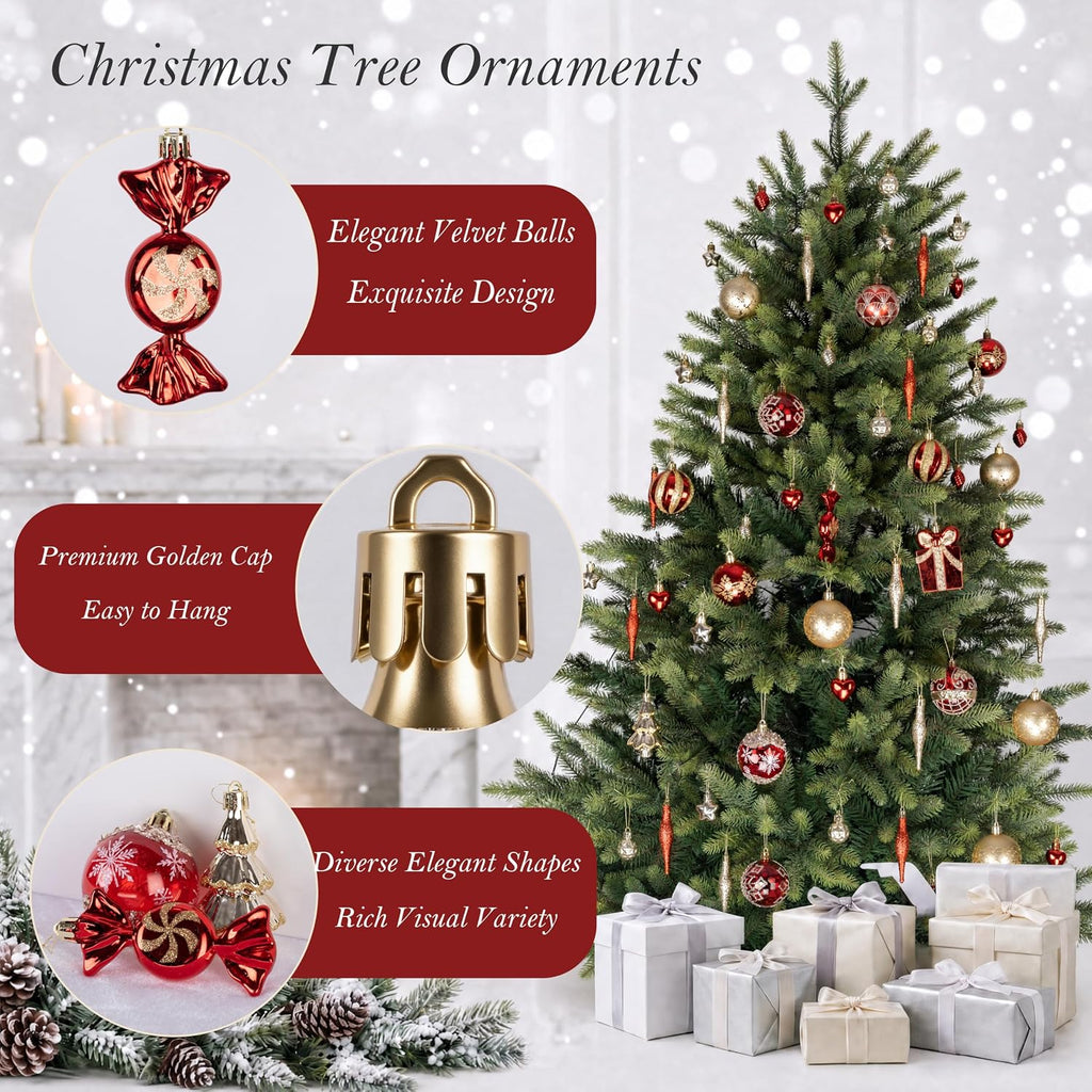 46PCS Christmas Ornament Set, Red and Gold Christmas Tree Decor