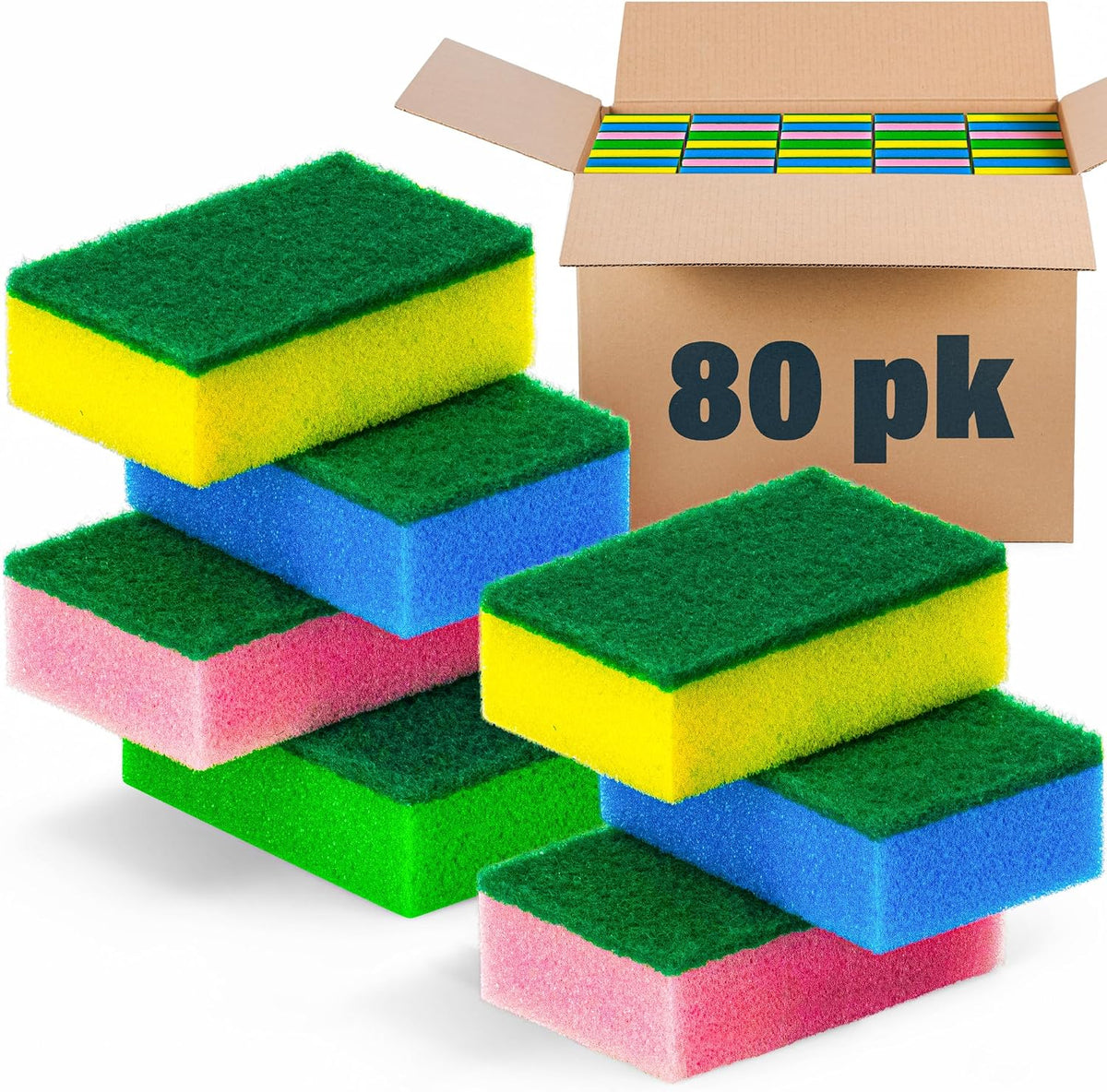 DecorRack 80 Kitchen Scrub Sponges, Heavy Duty Bulk Pack, Multicolor