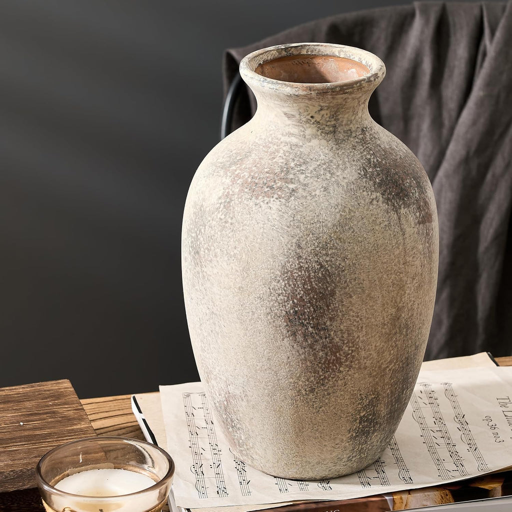 Large Ceramic Rustic Flower Vase, 10.43 Inch Tall Vintage Pottery Home Decor, Antique Farmhouse Terracotta Vase for Living Room, Table, Shelf, Mantel Decoration, Farmhouse - Natural Brown