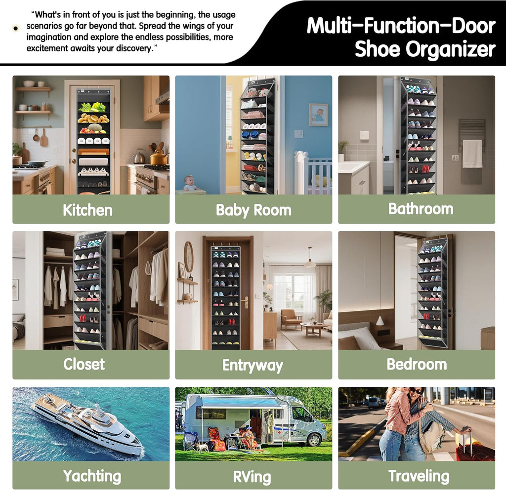 Kotkn 10 Tier Over The Door Organizer - Heavy Duty Hanging Storage Rack with Sturdy Oxford Fabric, Holds 20+ Pairs of Footwear, Boots & Sneakers, Saves 50% Closet Space (Black)