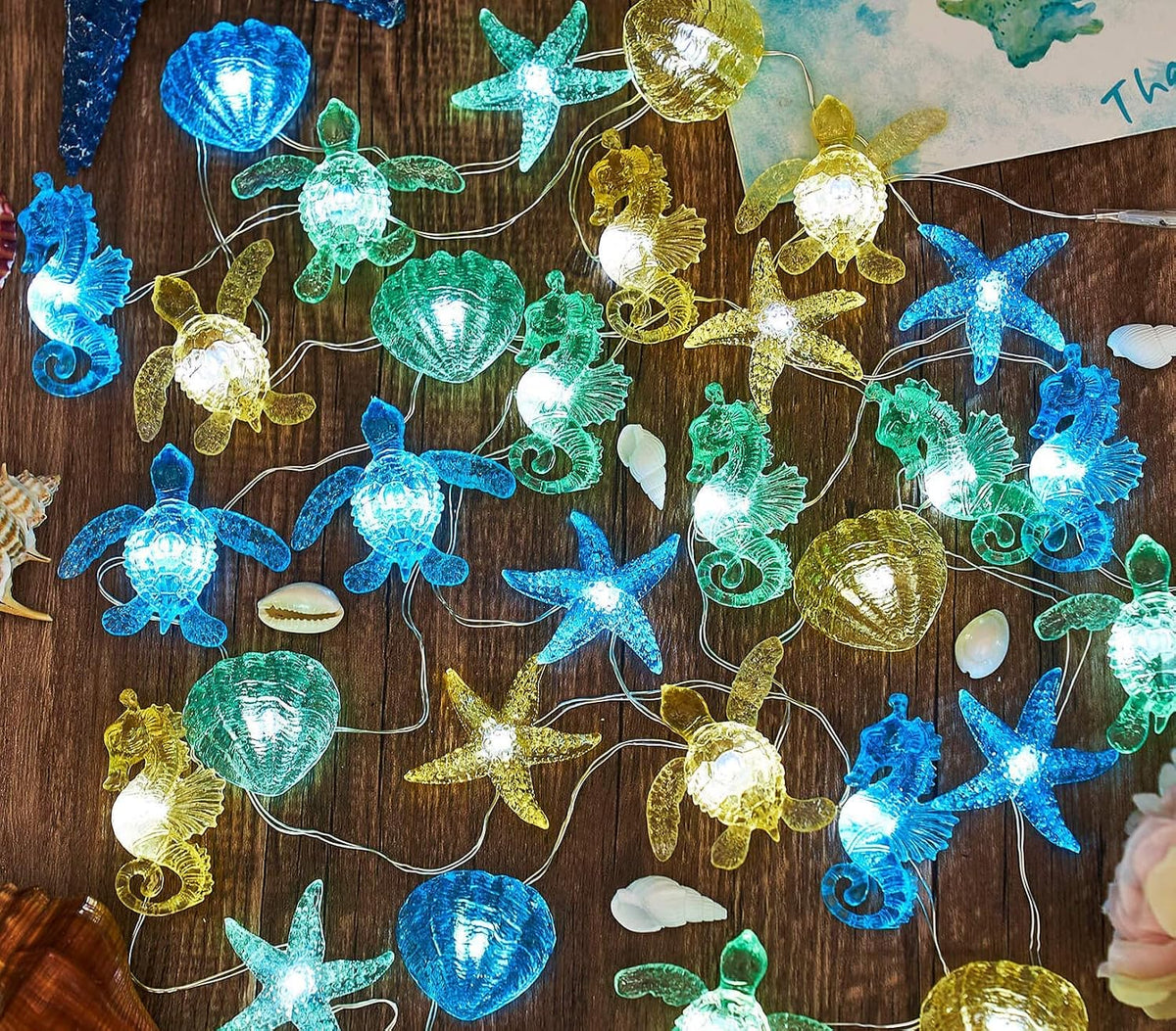 Ocean Themed String Lights Marine Life Night Light Beach Décor Sea Turtle Seahorse Starfish Clam Decorative Lights Battery Operated USB Plug in 30LED 10ft Christmas Tree Ornaments Holiday Bedroom