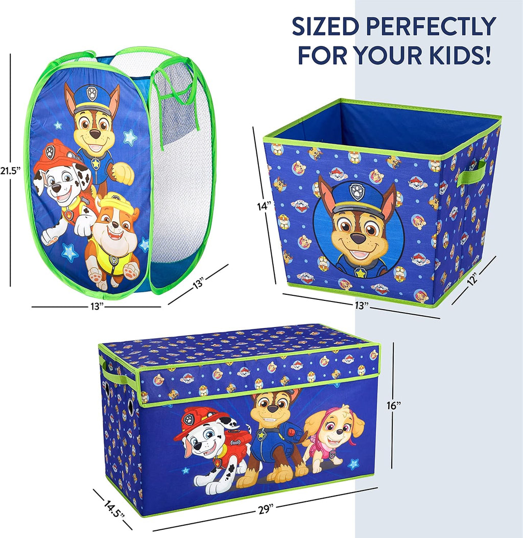 Paw Patrol 4-Piece Kids Storage Set with Pop-Up Hamper, Collapsible Toy Trunk & 2 Nestable Bins, Bedroom & Playroom Organizer