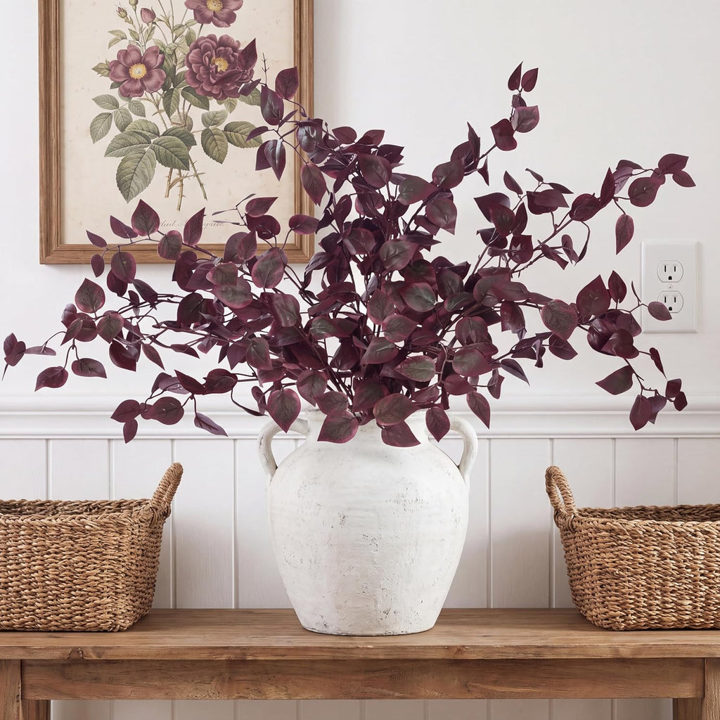 Sggvecsy 5 Pcs Artificial Eucalyptus Stems 32.7 inch Fake Red Branches with Faux Eucalyptus Leaves Silk Foliage Plants for Home Fall Autumn Thanksgiving Vase Kitchen DIY Festival Farmhouse Decor (Red)