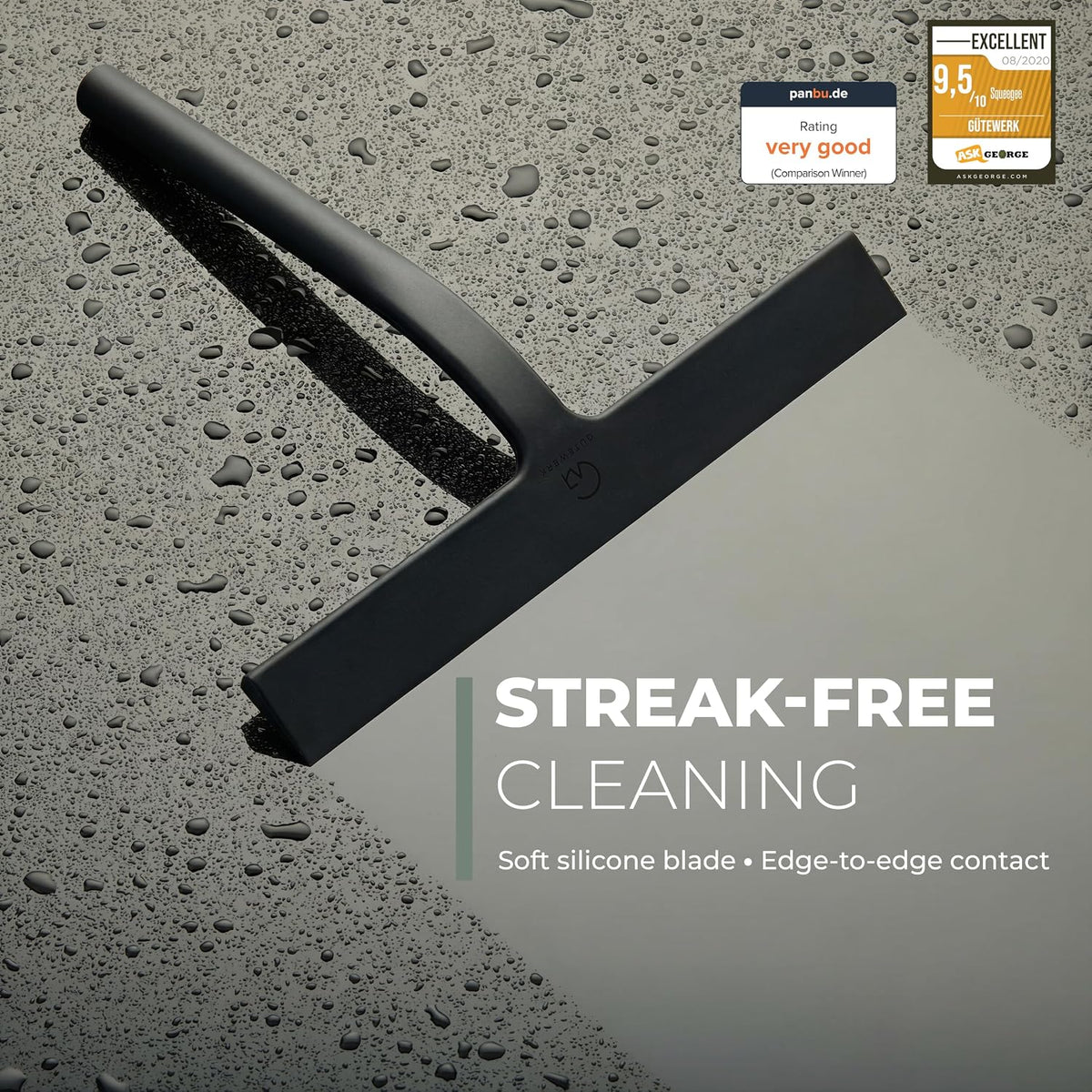 GÜTEWERK Silicone Shower Squeegee with 3-in-1 No-Drill Mount, Black, 11''