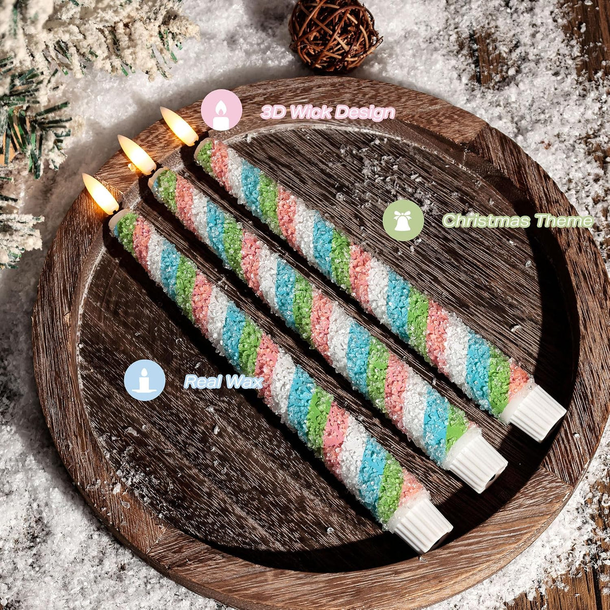 Candy Cane Flameless Taper Candles with Remote, Pastel Christmas Decoration