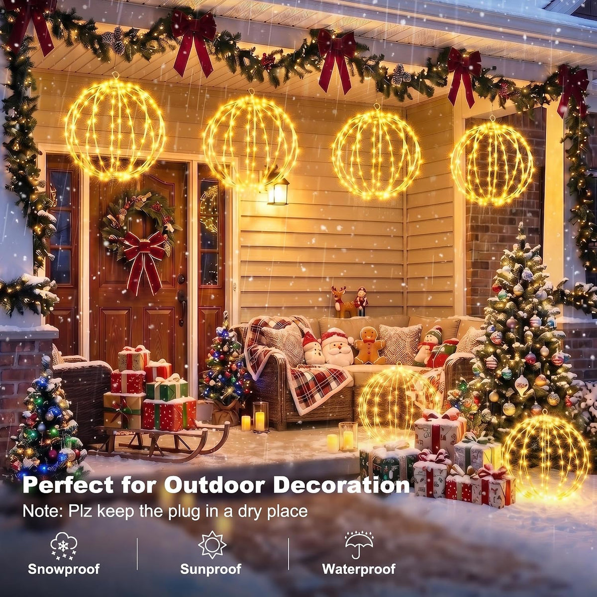 iBaycon 2 Pack Christmas Sphere Lights 11.8 in Battery Operated, Warm White
