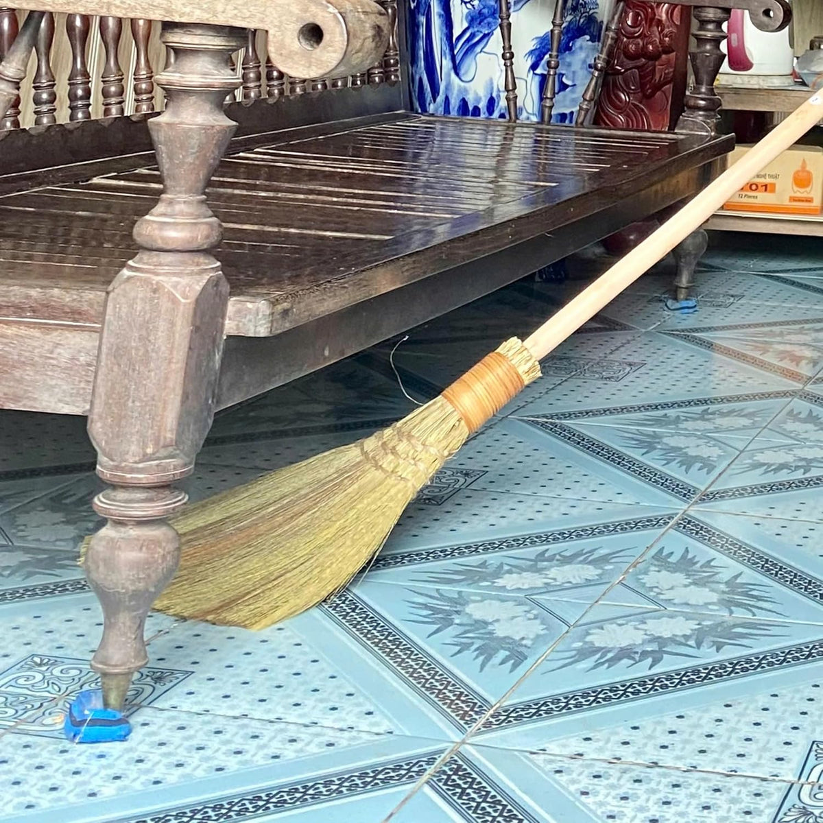 Vietnamese Natural Whisk Broom - Straw Soft Broom - Long Handle Broomstick for Cleaning, Decoration, Wedding with 45.28 inch Length