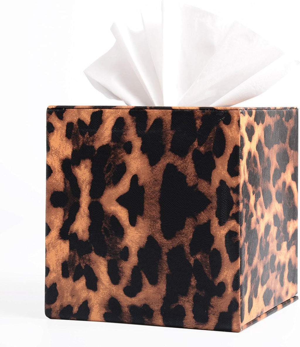 S Forever Home Decor Flower Pattern Faux Leather Tissue Box Cover (Square,Leopard)