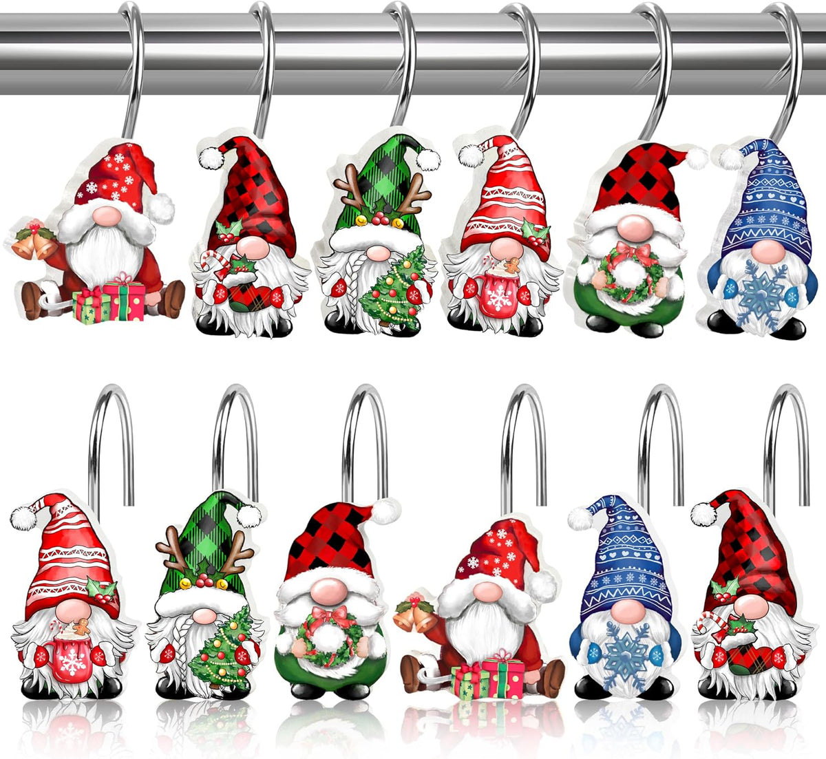 12 Pack Christmas Gnome Shower Curtain Hooks, Rustproof Decorative Rings