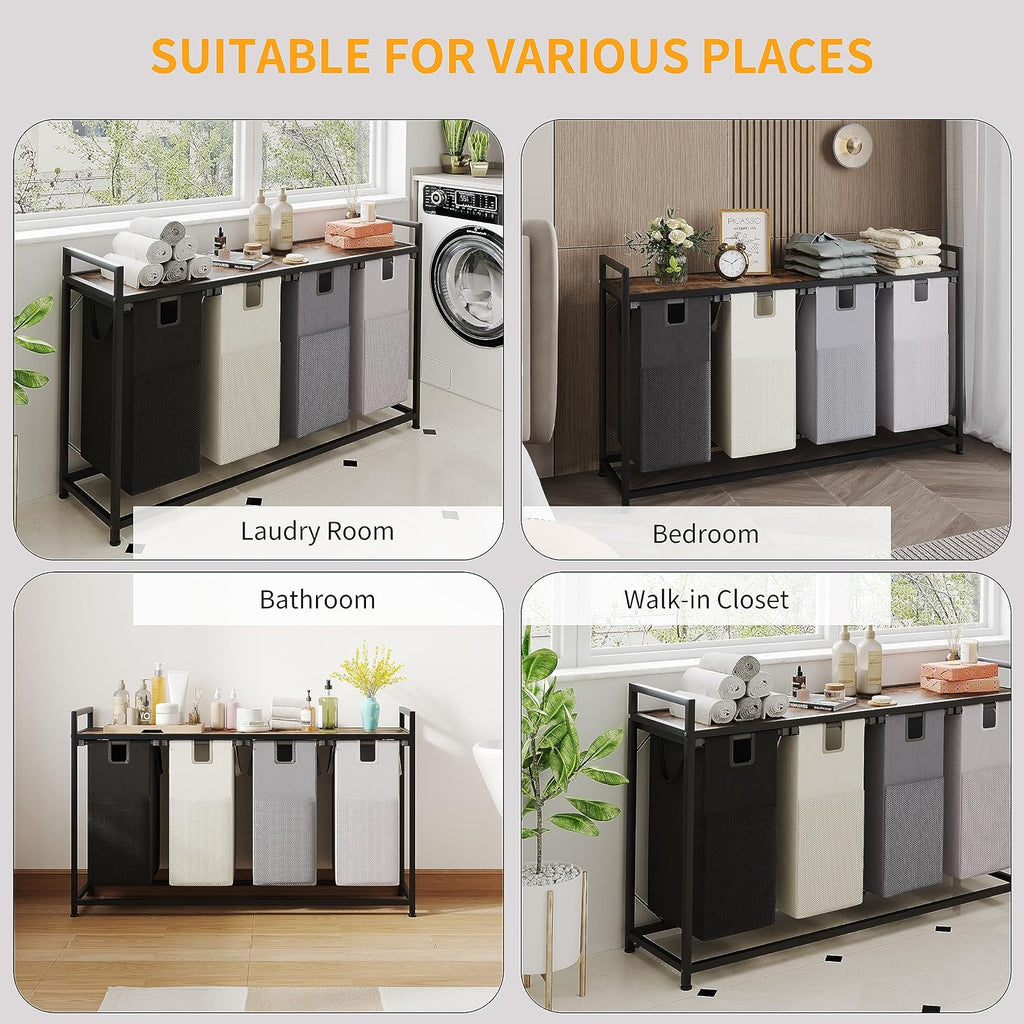 4 Bin Laundry Hamper w/Folding Table, Laundry Basket w/Removable Bags