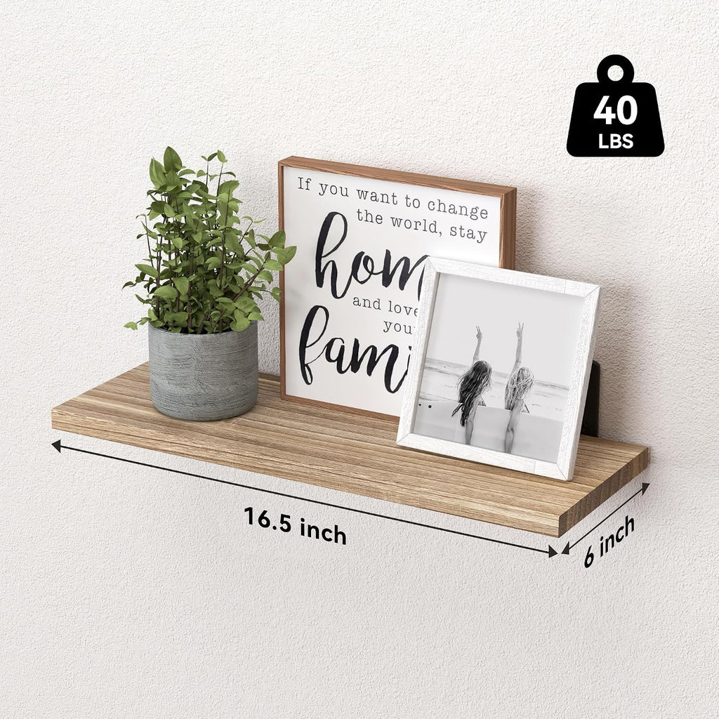 WOPITUES Wood Floating Shelves Set of 6, Shelves for Wall Decor, Farmhouse Shelf for Bedroom, Bathroom Storage Shelves, Book Shelves for Living Room - Rustic Brown (Pack of 2)
