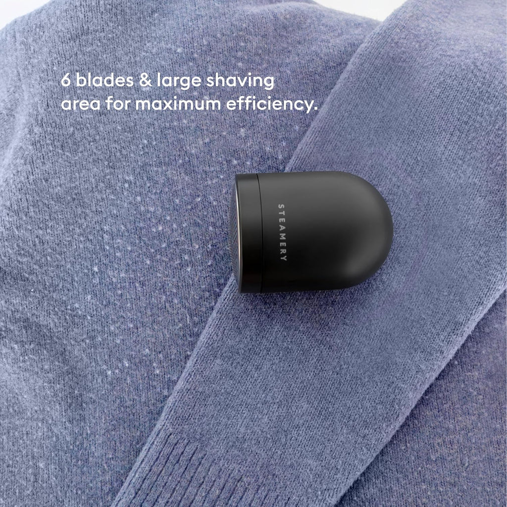 Steamery Pilo Icon Fabric Shaver for Clothes, Rechargeable Lint Remover & Sweater Shaver with USB-C, Replaceable Battery, Dual Mesh Covers, Large Shaving Surface, Scandinavian Design (Black)