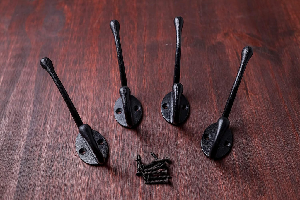 Craftsman Road Vintage Cast Iron Wall Hooks (Black Texture Finish, Set of 4) - Rustic, Farmhouse Coat Hooks | Great for Coats, Bags, Towels, Hats | Classic Slender