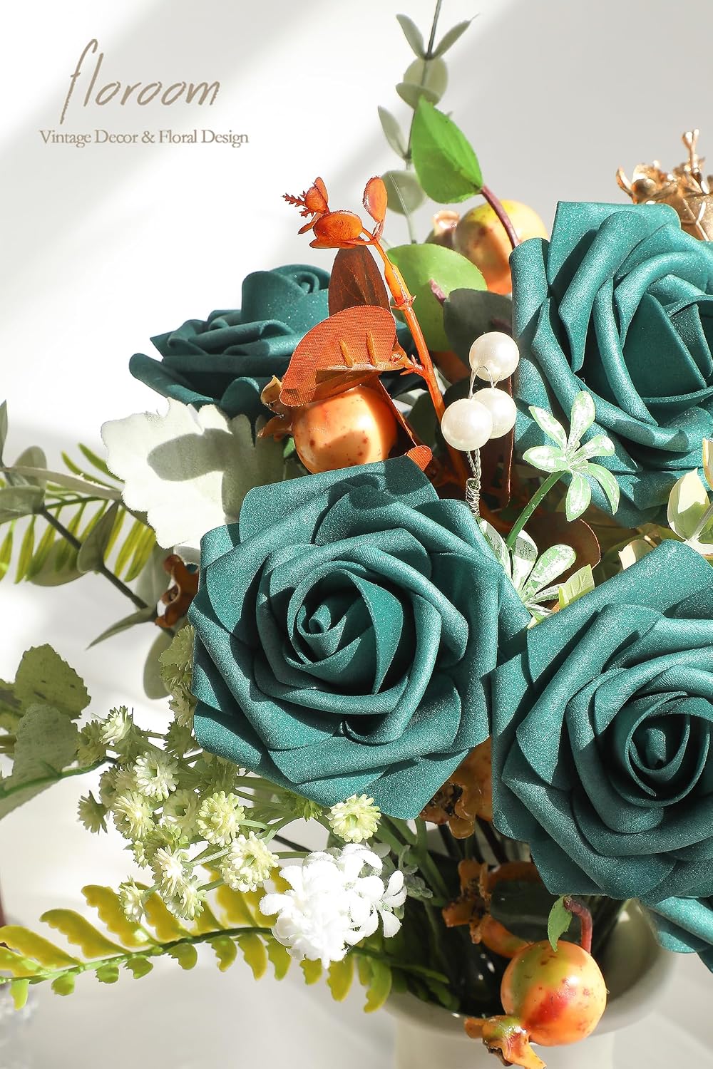 Floroom Artificial Flowers 25pcs Real Looking Dark Teal Foam Fake Roses with Stems for DIY Wedding Bouquets Bridal Shower Centerpieces Floral Arrangements Party Tables Home Decorations