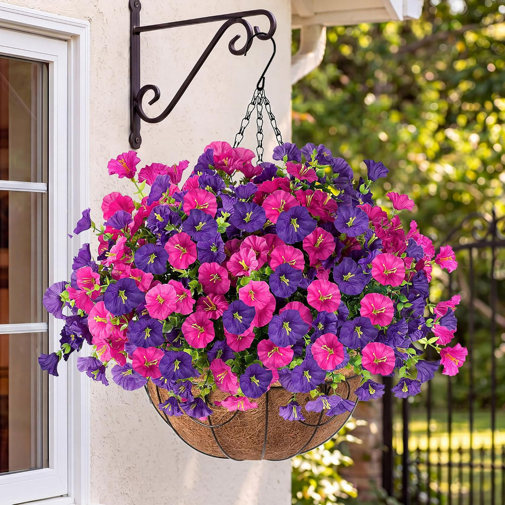 Artificial Flowers for Outdoors with Baskets Hanging Plant Faux Flowers UV Resistant Fake Silk Morning Glory with Eucalyptus for Planter Porch Garden Home Spring Summer Decoration(Fuchsia Purple)