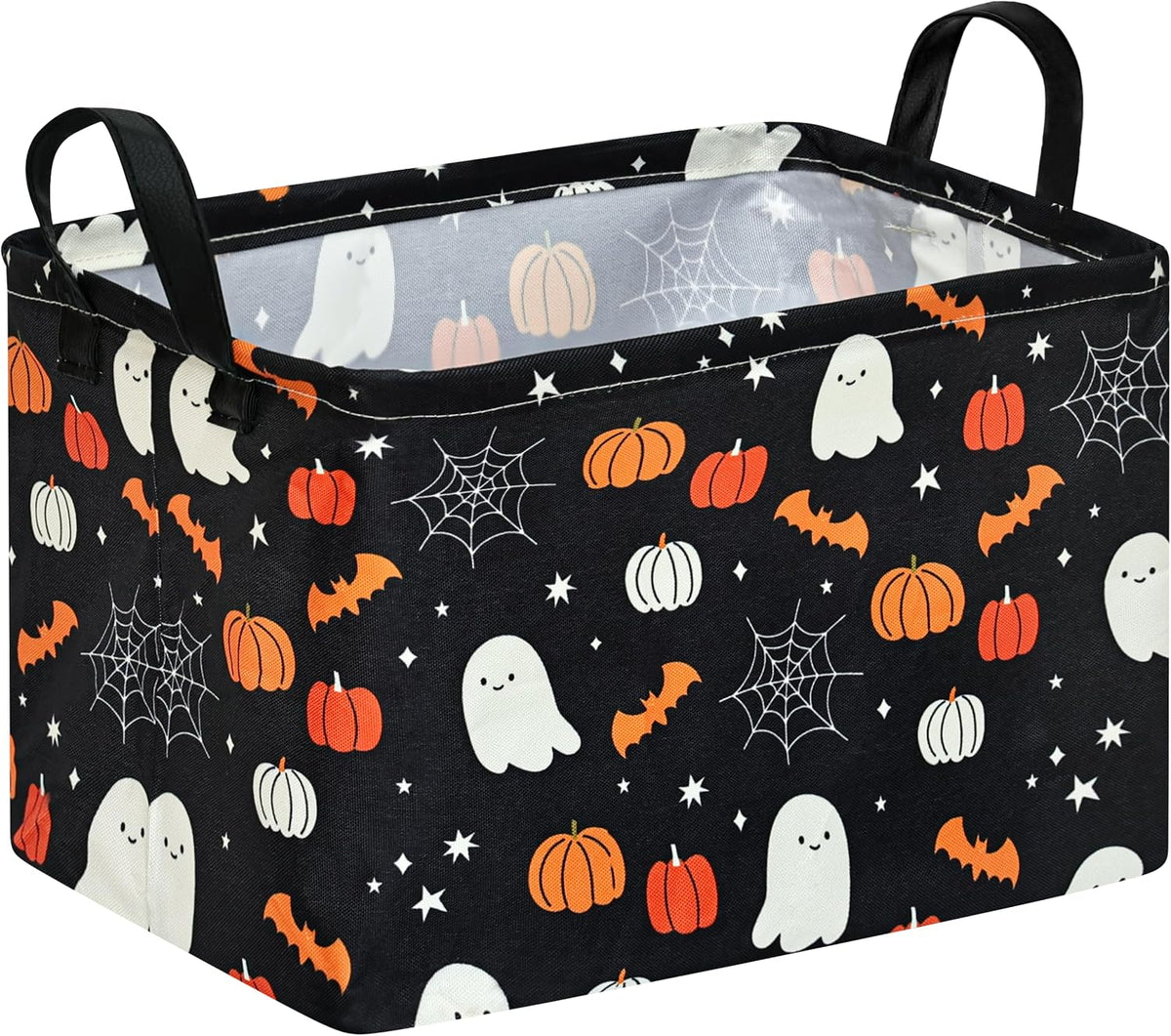 Halloween Storage Basket, Black Ghost Pumpkin Cotton Linen Blend Organizer Bin with Handles, Foldable Rectangular Shelf Basket for Toys, Clothes, Laundry, Bedroom, Gift Basket, Party Decor