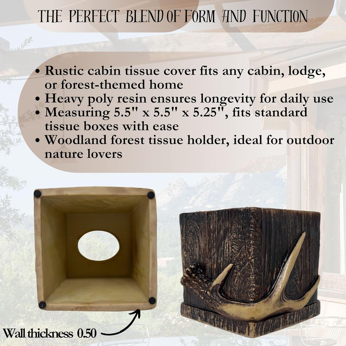 BestGiftEver Realistic Wood with Antler Accent Square Tissue Box Cover