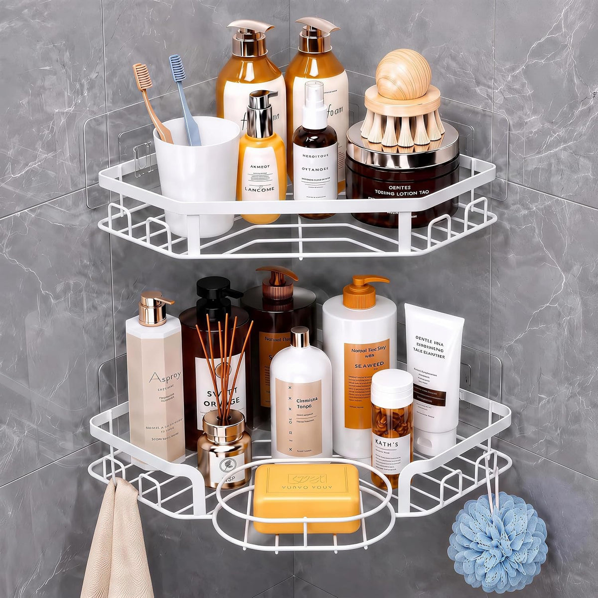 Corner Shower Caddy, Rustproof Shower Organizer with Soap Holder and 8 Hooks, No Drilling Adhesive Shower Shelves for Inside Shower, Large Capacity Shower Rack for Bathroom Shower Storage, White