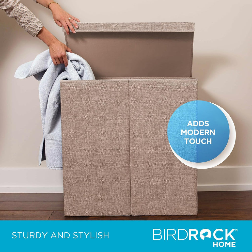 BIRDROCK HOME Tall Double Laundry Hamper with Lid, Cream, 25.75”