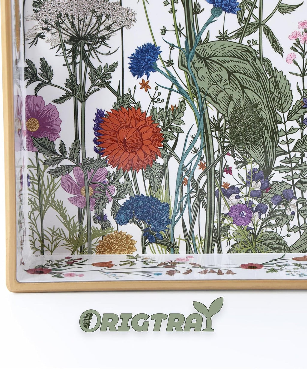 Serving Tray with Handles, Rectangular Plastic Tray 15.75x11.81 Inch, Wildflower, Butterflies & Hummingbirds Style Decorative Tray for Kitchen, Dining Table, Vanity, Office & Home