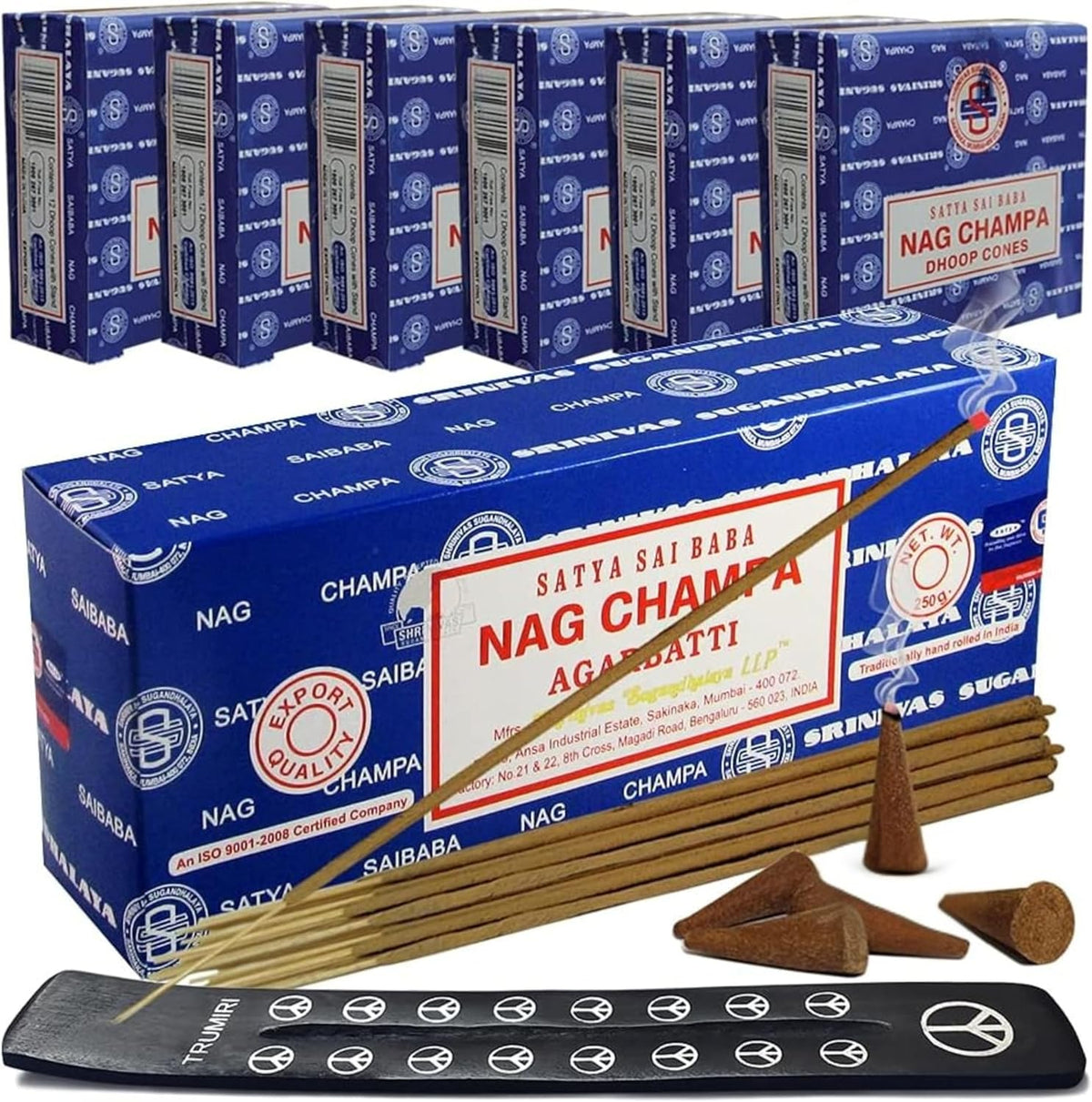 Nag Champa Incense Sticks 250g and Cones Variety Pack with Burner Holder Bundle from Satya Incense 250g Trumiri for Smudging and Aroma