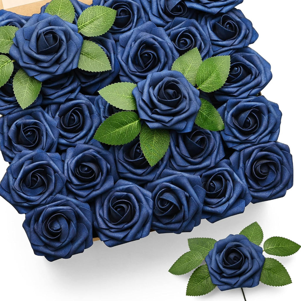 Mocoosy 50Pcs Roses Artificial Flowers, Navy Blue Fake Roses for Decorations, Real Touch Foam Rose Bulk with Stems DIY Wedding Bouquet Bridal Shower Centerpieces Floral Arrangement Party Table Decor