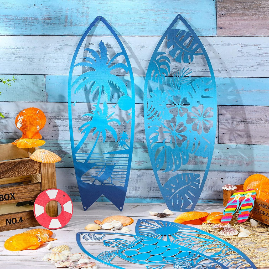 Therwen 4 Pcs Metal Surfboard Wall Decor, Tropical Beach Palm Turtle, Blue