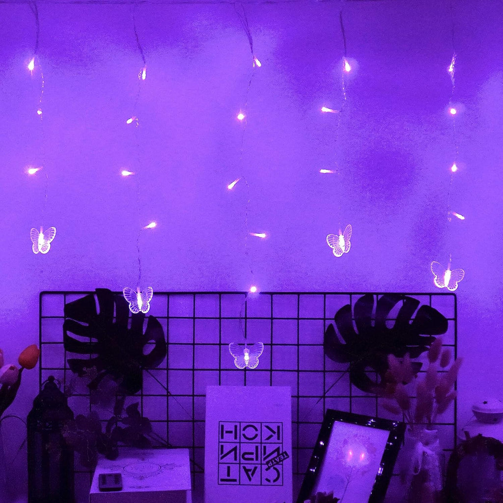 Butterfly Curtain Fairy Lights USB Plug in,8 Modes 120 LED 19.7FT Firefly Twinkle Timer String Lights with Remote, Waterproof Copper Wire for Bedroom Patio Christmas Wedding Party Dorm (Purple)
