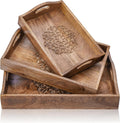 Ajuny Wooden Serving Trays Set of 3 with Handles, Hand Carved Flower Design