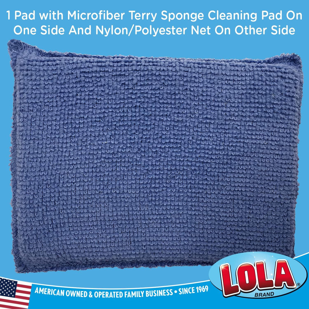LOLA Microfiber Terry & Nylon Net Sponge Scrubber Pad, 6 Pack, Non Scratch 2-Way Cleaning, Gently Scrubs & Wipes Clean