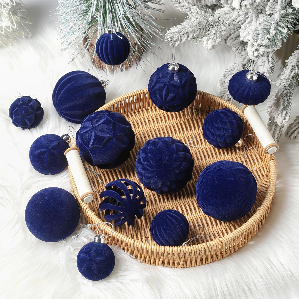36pcs Velvet Christmas Ball Ornaments Set, Flocked Shatterproof Christmas Ornaments, Xmas Tree Decorations Set Hanging Ornaments Decor for Xmas Holiday Party Home (Navy Blue)