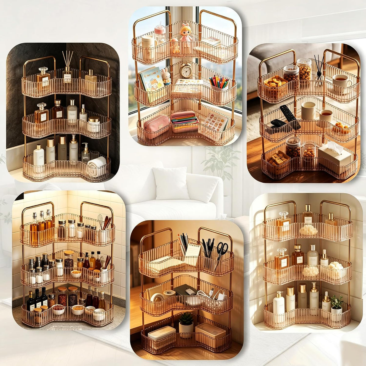 3-Tier Corner Bathroom Organizer, Skincare Vanity Counter Shelf Orange