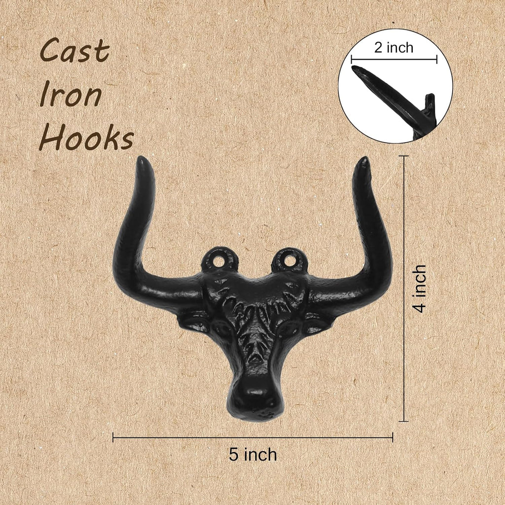 Cast Iron Wall Mount Hooks – Black Bull Design, 2 Pack – Vintage Rustic Coat Hooks for Entryway, Bathroom, Kitchen, or Bedroom