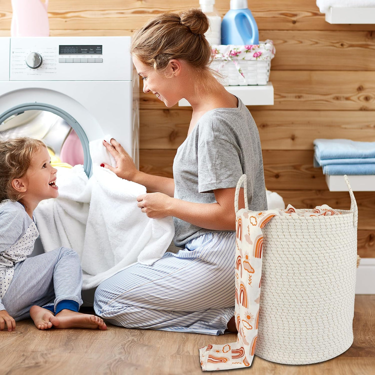 XUANGUO Cotton Rope Laundry Basket Hamper for Clothes, striped