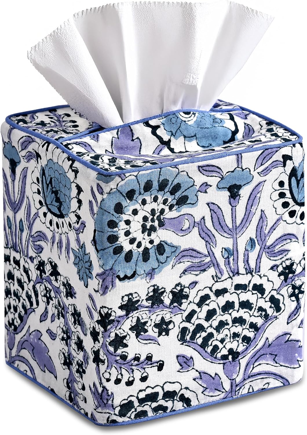 CPC 100% Cotton Piping Block Print Tissue Box Cover, Indigo Blue