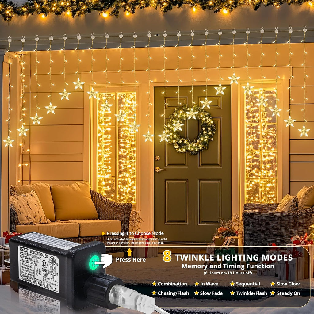 woohaha Christmas Star Icicle Curtain Lights,118LED Warm White