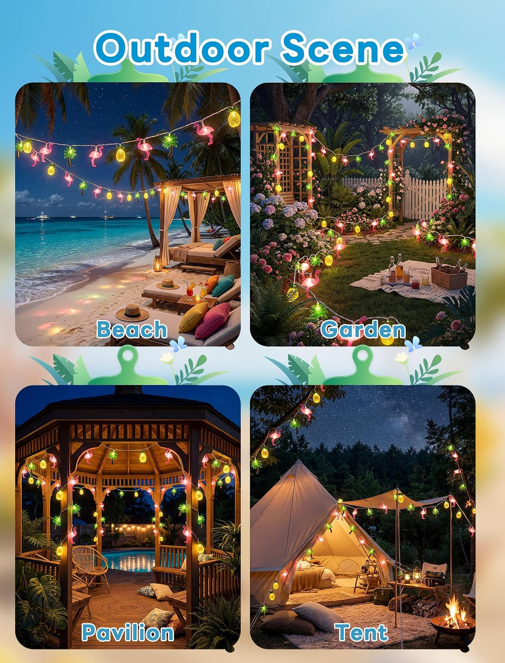12FT Summer Tropical Hawaiian String Lights, 20 LED Plug in Flamingo Pineapple Palm Tree Lights for Luau Party, Pool, Tiki Bar, Beach Theme Indoor Outdoor Summer Decorations