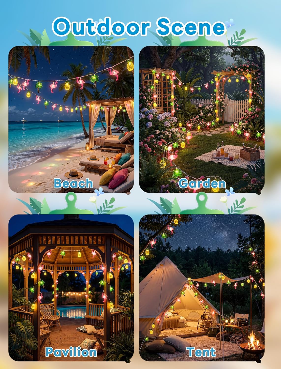 12FT Summer Tropical Hawaiian String Lights, 20 LED Plug in Flamingo Pineapple Palm Tree Lights for Luau Party, Pool, Tiki Bar, Beach Theme Indoor Outdoor Summer Decorations