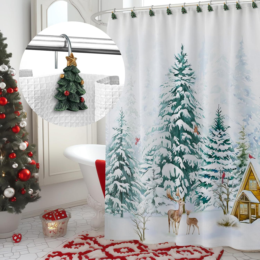 Sunlit Christmas Tree Decorative Shower Curtain Hooks with Star, Green Shower Curtain Rings, Resin, Xmas Theme Winter Holiday Bathroom Decoration, Set of 12