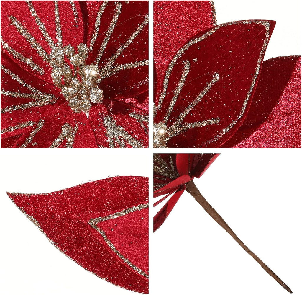 10.2’’ Large Glitter Christmas Flowers 6 Pcs Artificial Poinsettia Flower Velvet Christmas Tree Flower Ornaments Fold Floral for Christmas Decorations New Year Party Wedding (Wine Red)