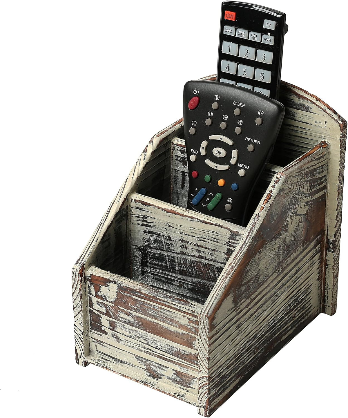 MyGift Torched Wood Remote Control Holder, 3-Compartment Tabletop Organizer