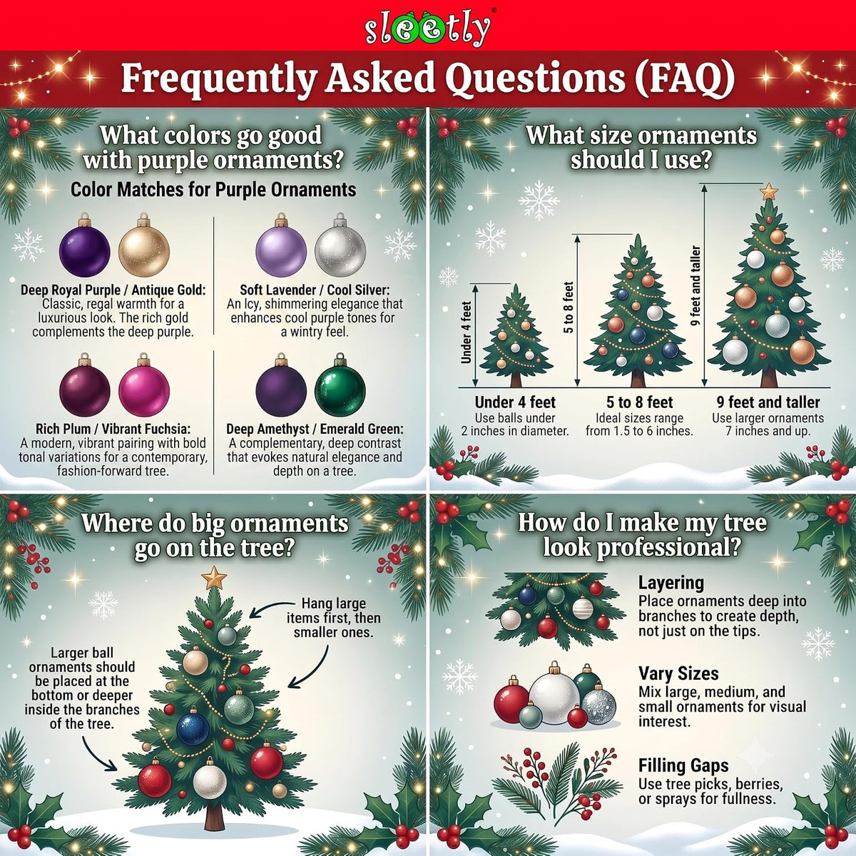 Purple Christmas Ornaments Ball Set for Tree Decor, Glitter