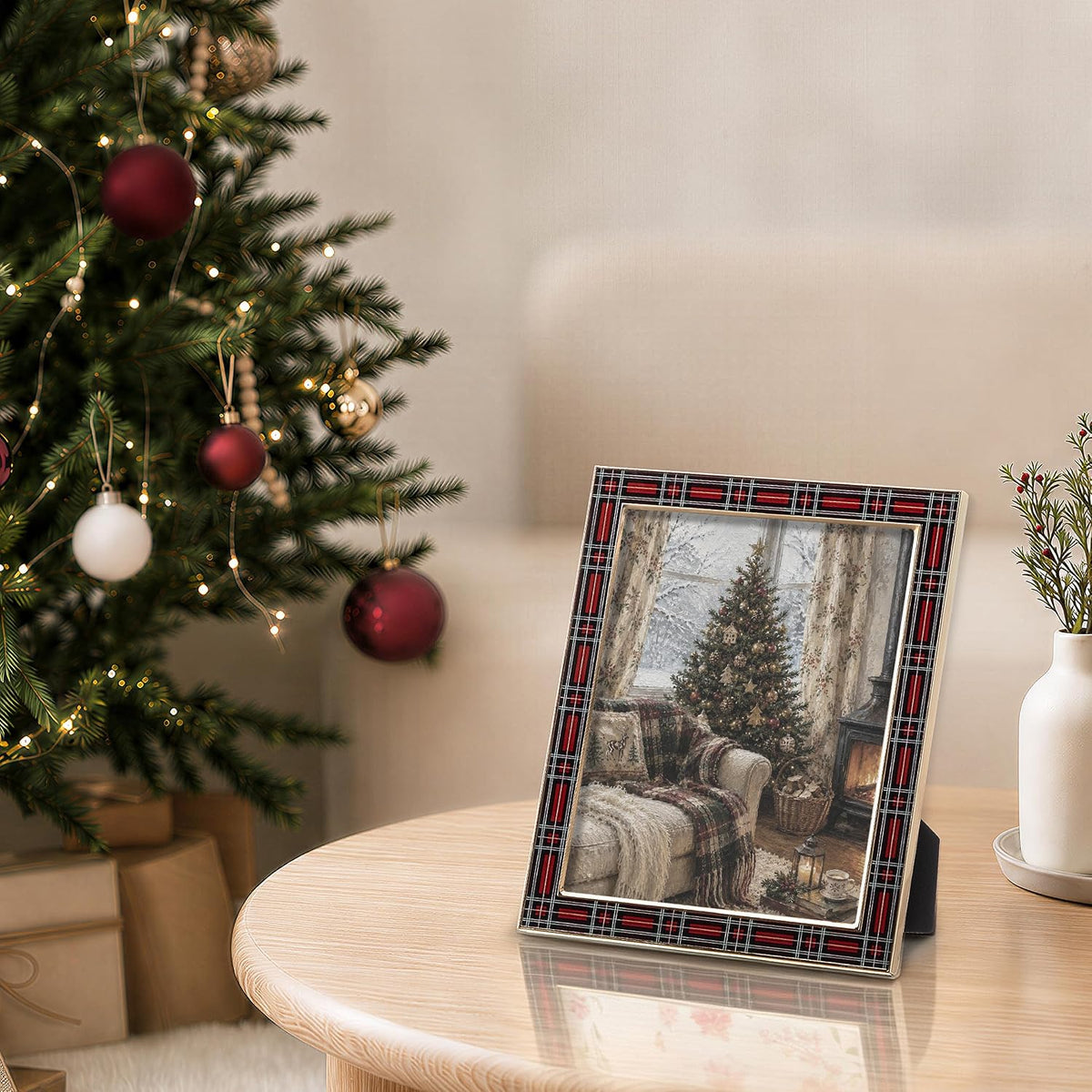 eletecpro Christmas Enamel Picture Frame Glass Cover Red Plaid 8x10