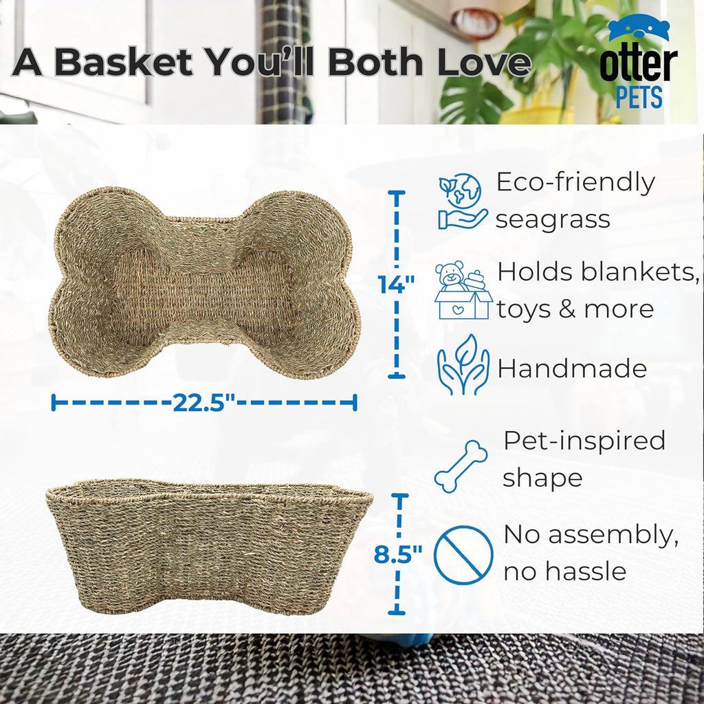 OtterPets Dog Toy Basket, Seagrass Bone Shaped Dog Toy Bin, 22x14