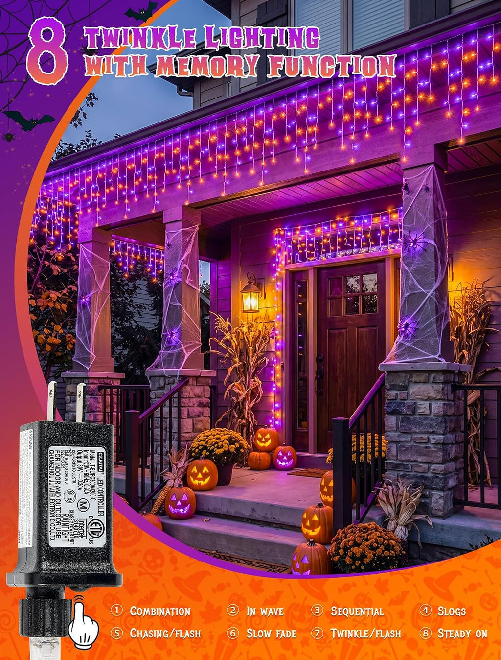 Halloween Icicle Lights Outdoor,300 LED Purple and Orange Lights