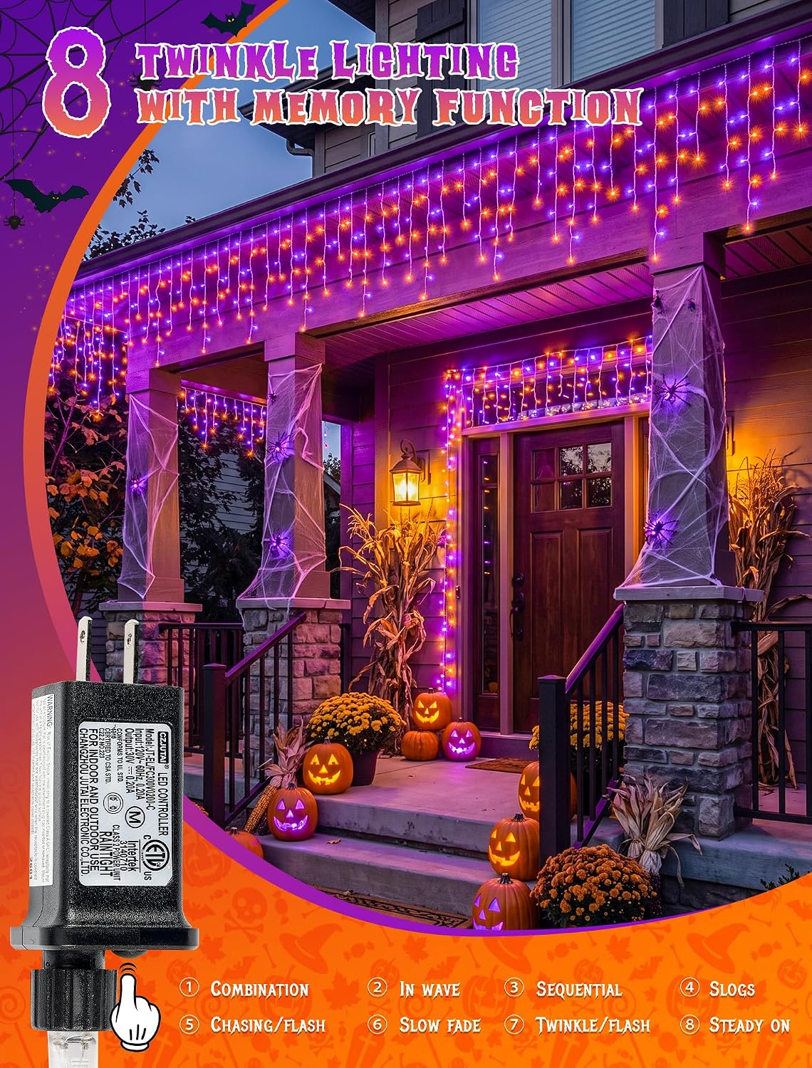 Halloween Icicle Lights Outdoor,300 LED Purple and Orange Lights