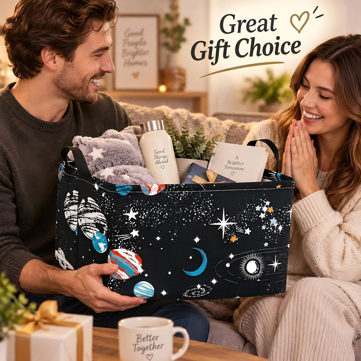 Space Storage Basket, Rectangular Cotton Linen Blend Organizer Bin with Handles, Foldable Black Galaxy Planet and Star Storage Box for Shelves, Closet, Bedroom and Dorm Room