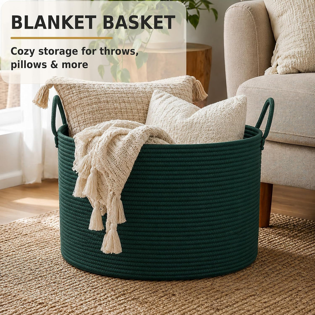 XUANGUO 66L Large Blanket Basket, Round Cotton Rope Basket, Dark Green